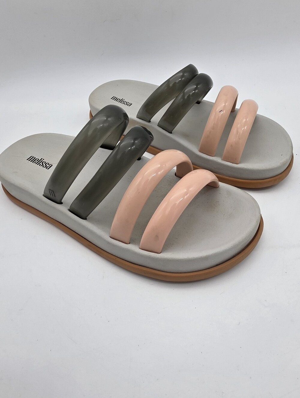Melissa Women’s Wave Dual-Tone Slide Sandals in Pink and Olive 4 Strap Vegan 9